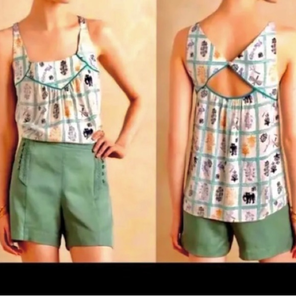 Anthropologie Maeve Elephant Dragonfly Floral Teal Keyhole Back Tank top Size L